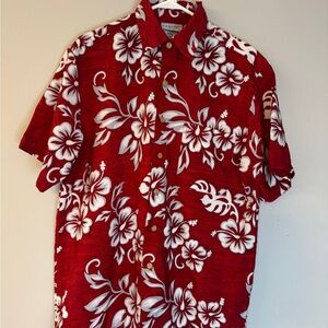 Extreme Gear M Mens Button Down Dress Shirt Red With White Hawaiian Flowers